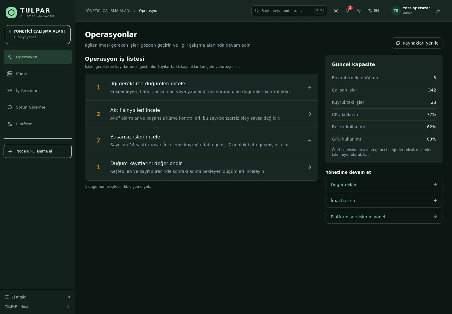 TULPAR yeni operasyon panosu
